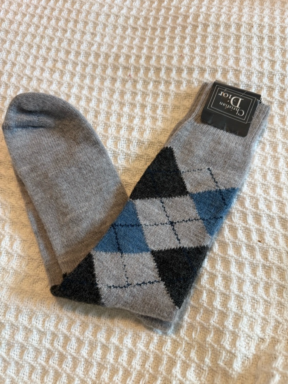 Vintage Christian Dior Argyle Socks Gray Blue Preppy Mens 10–13 NOS